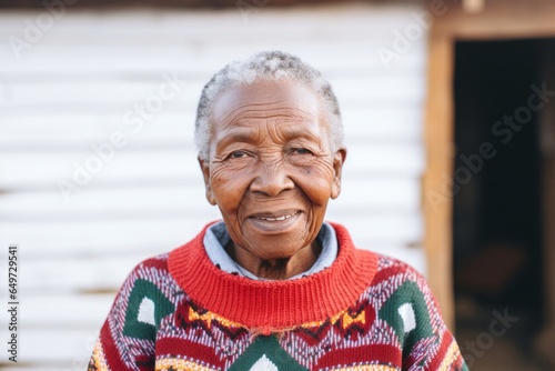 portrait of a 100-year-old elderly Kenyan woman wearing a cozy sweater against a white background