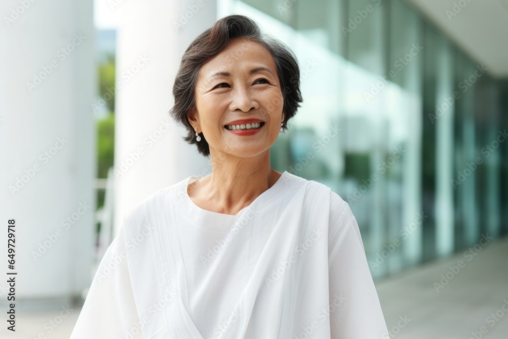medium shot portrait of a Japanese woman in her 50s wearing a simple tunic against a modern architectural background medium shot portrait of a Japanese woman in her 50s wearing a simple tunic against a modern architectural background