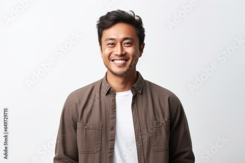 portrait of a Filipino man in his 30s wearing a chic cardigan against a white background