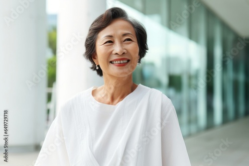 medium shot portrait of a Japanese woman in her 50s wearing a simple tunic against a modern architectural background