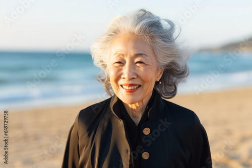 medium shot portrait of a Japanese woman in her 90s wearing a classic blazer against a beach background