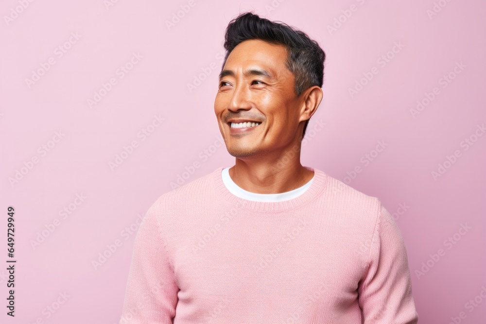portrait of a Filipino man in his 40s wearing a chic cardigan against a pastel or soft colors background