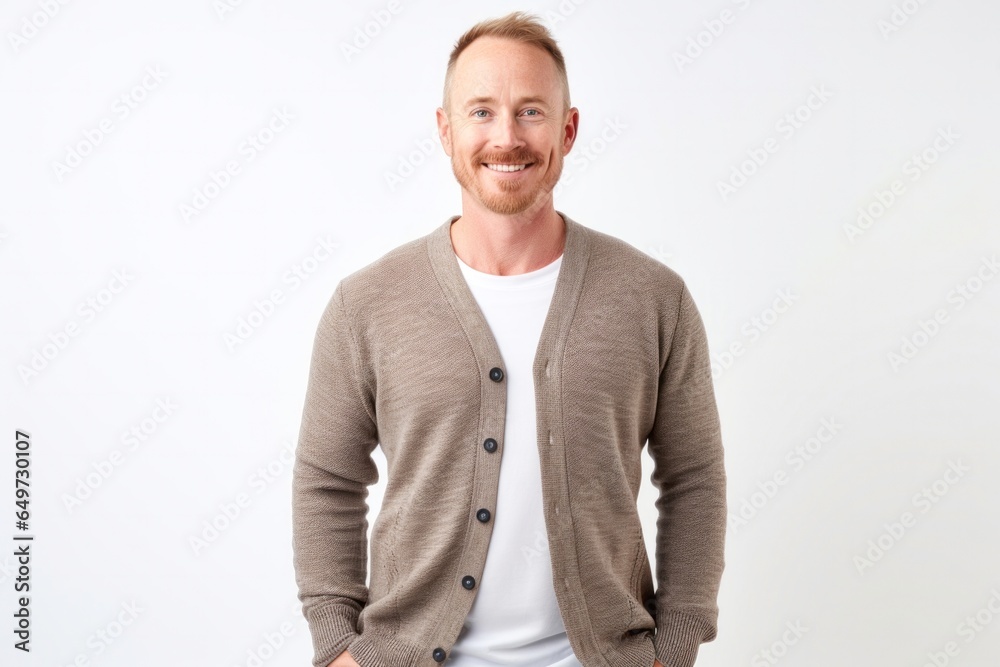 medium shot portrait of a Kenyan man in his 40s wearing a chic cardigan against a white background medium shot portrait of a Kenyan man in his 40s wearing a chic cardigan against a white background