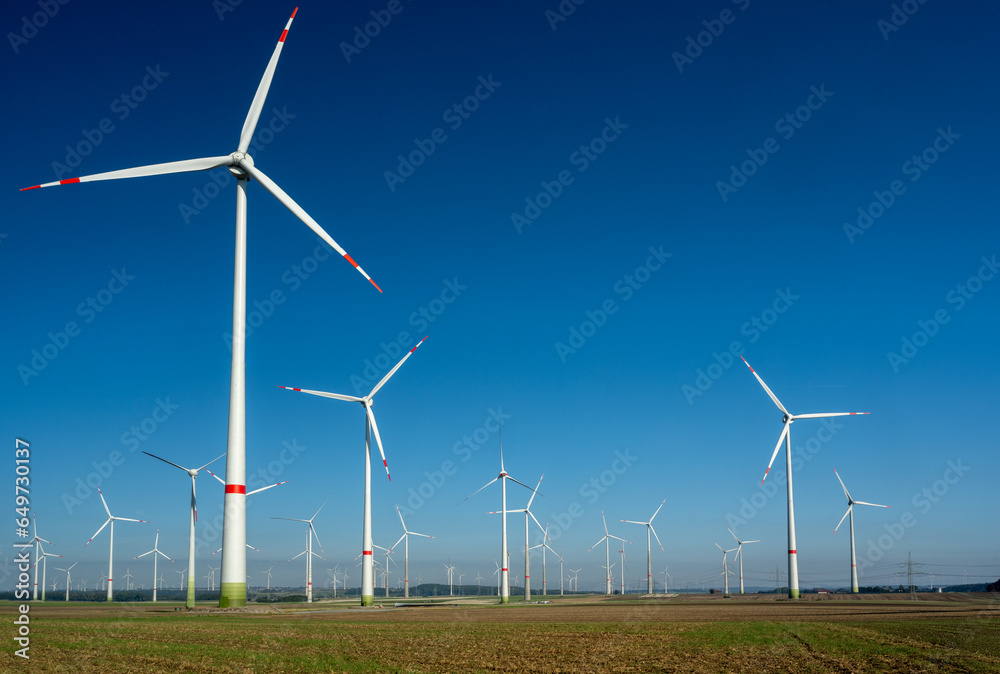 Large wind farm on agricultural area at Paderborn, North Rhine-Westphalia, Germany, Europe