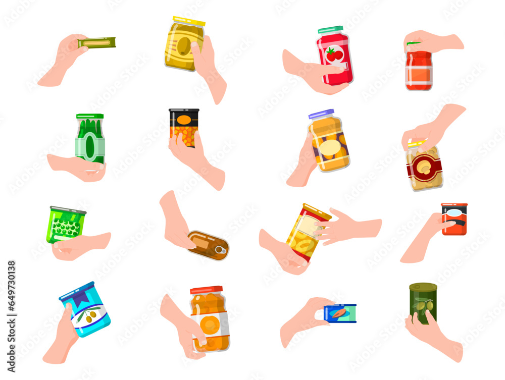 Human hands holding canned food olive tomato mushroom peach cucumber set isometric vector