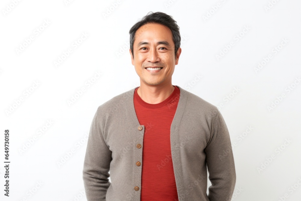 Fototapeta premium portrait of a Filipino man in his 50s wearing a chic cardigan against a white background