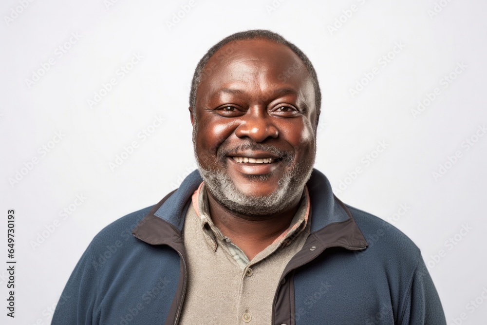 medium shot portrait of a Kenyan man in his 50s wearing a chic cardigan against a white background medium shot portrait of a Kenyan man in his 50s wearing a chic cardigan against a white background