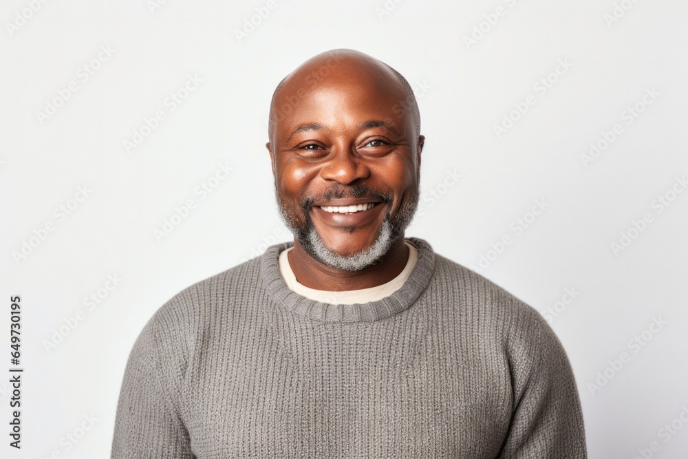 medium shot portrait of a Kenyan man in his 50s wearing a chic cardigan against a white background medium shot portrait of a Kenyan man in his 50s wearing a chic cardigan against a white background