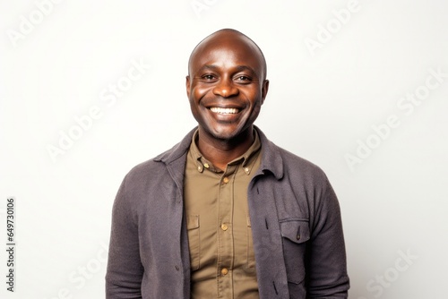medium shot portrait of a Kenyan man in his 40s wearing a chic cardigan against a white background