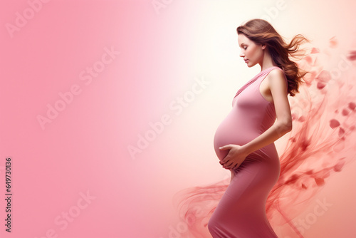 pregnant woman, expecting mother profile artistic shot of pregnant woman, on pink background, copy space