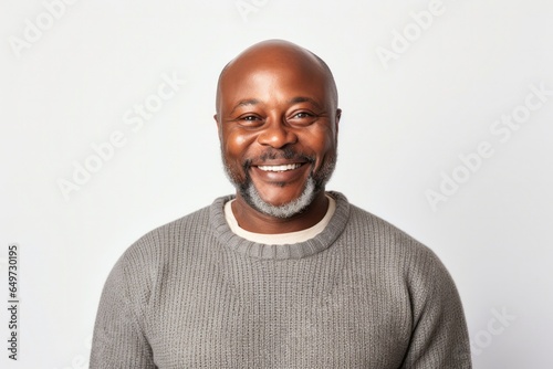 medium shot portrait of a Kenyan man in his 50s wearing a chic cardigan against a white background