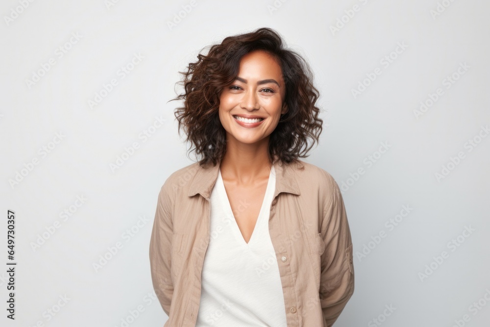portrait of a Filipino woman in her 30s wearing a chic cardigan against a white background portrait of a Filipino woman in her 30s wearing a chic cardigan against a white background