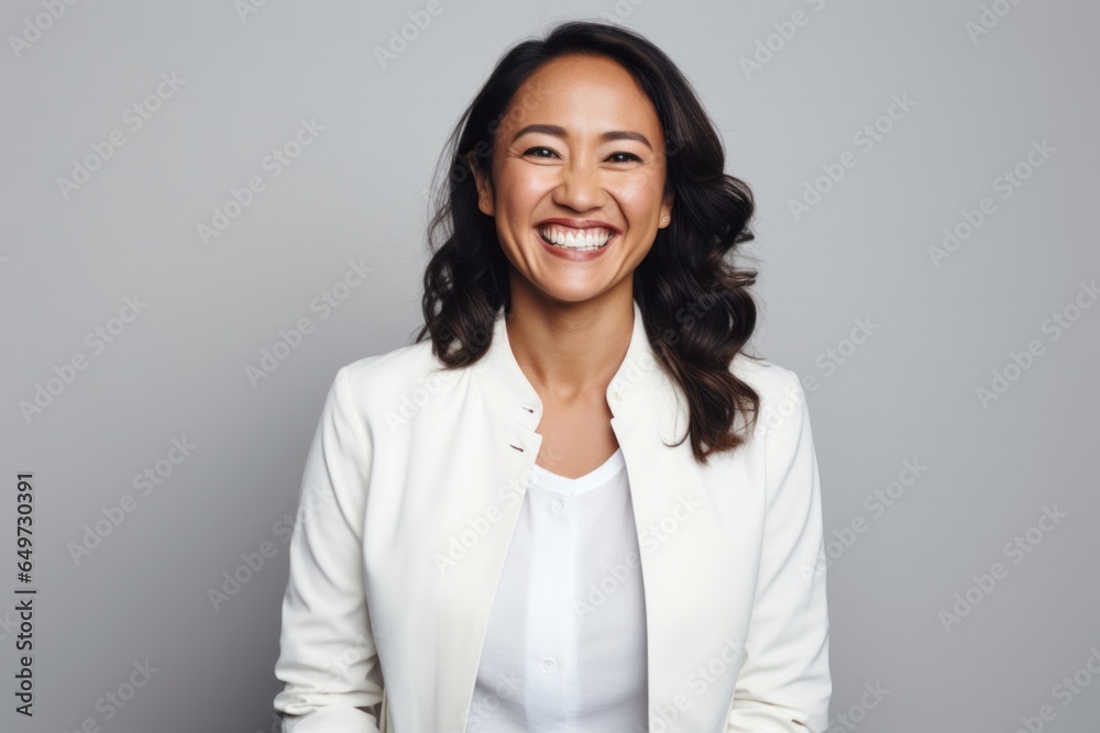 portrait of a Filipino woman in her 30s wearing a chic cardigan against a white background portrait of a Filipino woman in her 30s wearing a chic cardigan against a white background