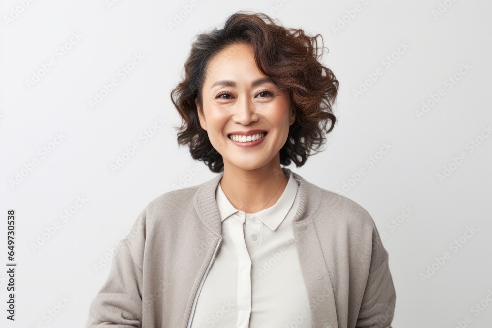 portrait of a Filipino woman in her 40s wearing a chic cardigan against a white background