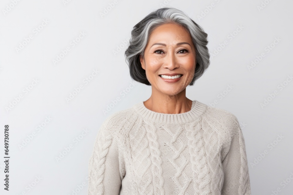 portrait of a Filipino woman in her 50s wearing a cozy sweater against a white background portrait of a Filipino woman in her 50s wearing a cozy sweater against a white background