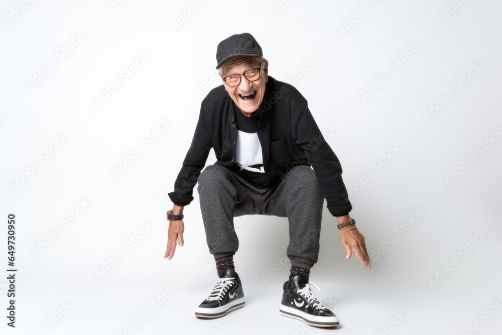 medium shot portrait of a Mexican man in his 90s wearing a pair of leggings or tights against a white background