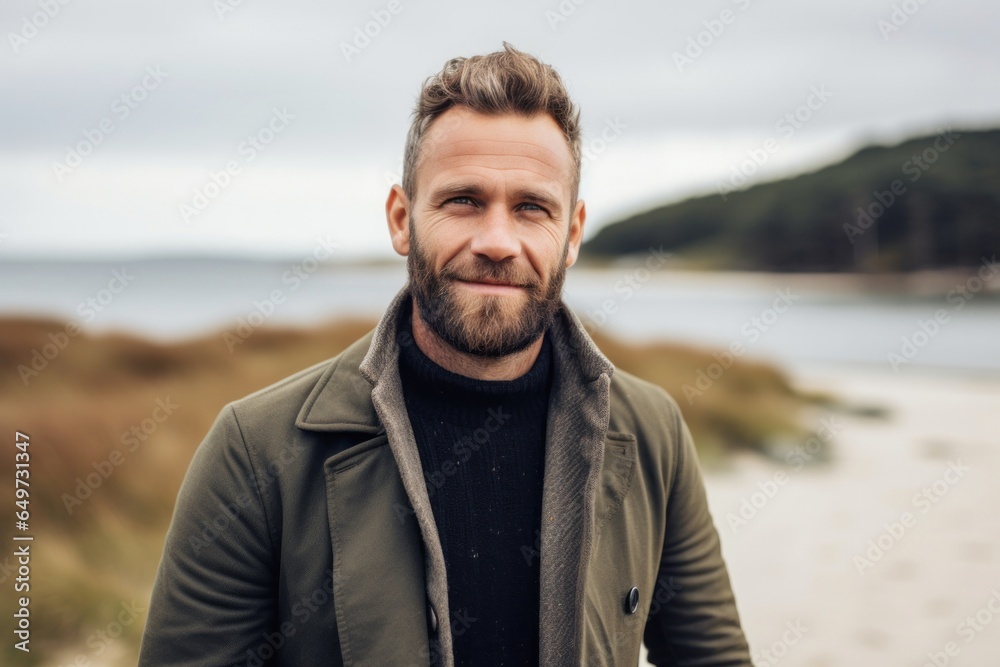 medium shot portrait of a Polish man in his 30s wearing a chic cardigan against a beach background medium shot portrait of a Polish man in his 30s wearing a chic cardigan against a beach background