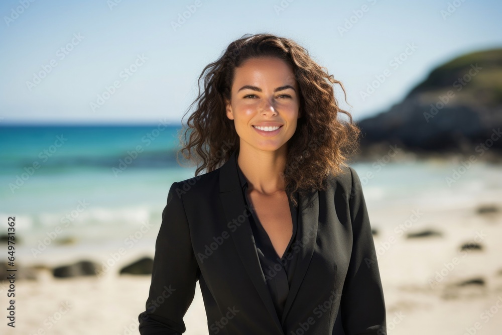 portrait of a Israeli woman in her 30s wearing a sleek suit against a beach background portrait of a Israeli woman in her 30s wearing a sleek suit against a beach background