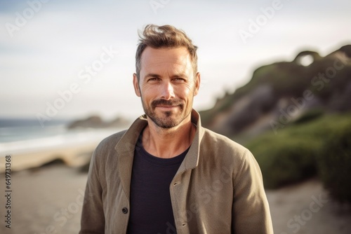 medium shot portrait of a Polish man in his 30s wearing a chic cardigan against a beach background