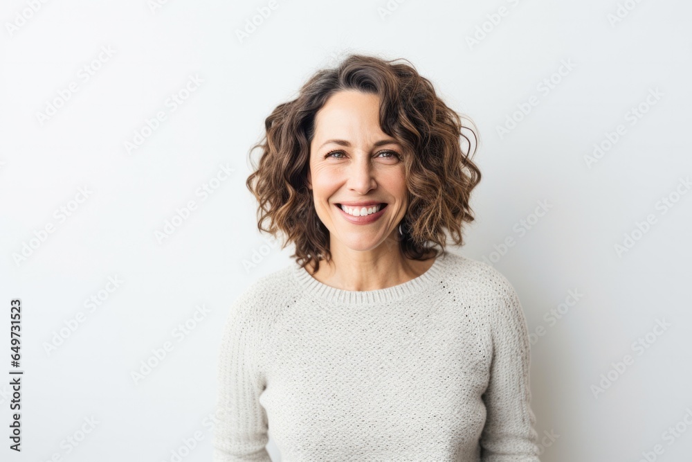 © Leon Waltz - portrait of a Israeli woman in her 40s wearing a cozy sweater against a white background