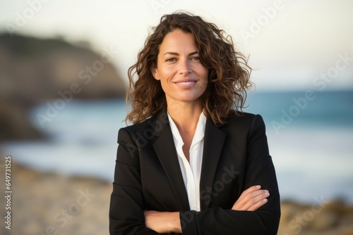 portrait of a Israeli woman in her 40s wearing a sleek suit against a beach background © Leon Waltz