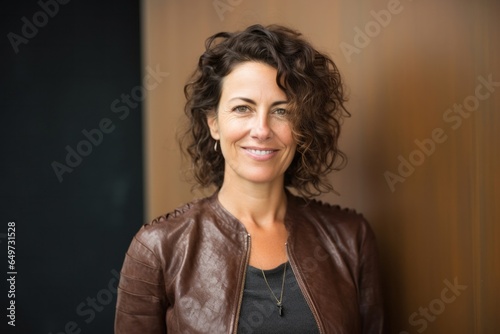 portrait of a Israeli woman in her 40s wearing a chic cardigan against an abstract background