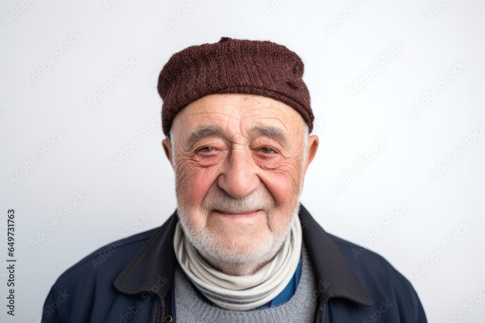 medium shot portrait of a Polish man in his 90s wearing a foulard against a white background medium shot portrait of a Polish man in his 90s wearing a foulard against a white background