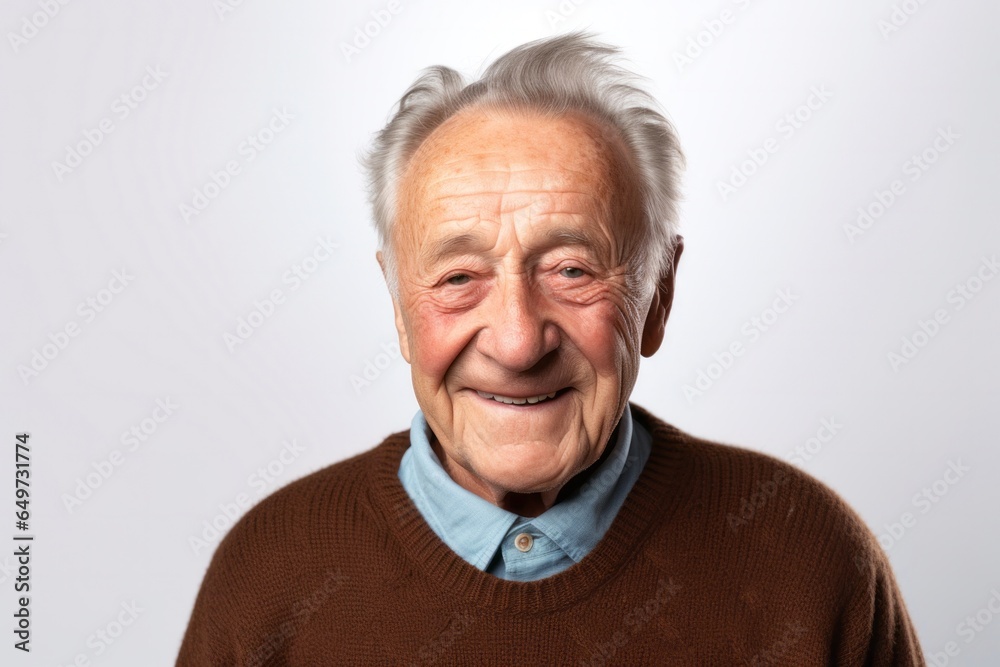 medium shot portrait of a Polish man in his 80s wearing a chic cardigan against a white background medium shot portrait of a Polish man in his 80s wearing a chic cardigan against a white background