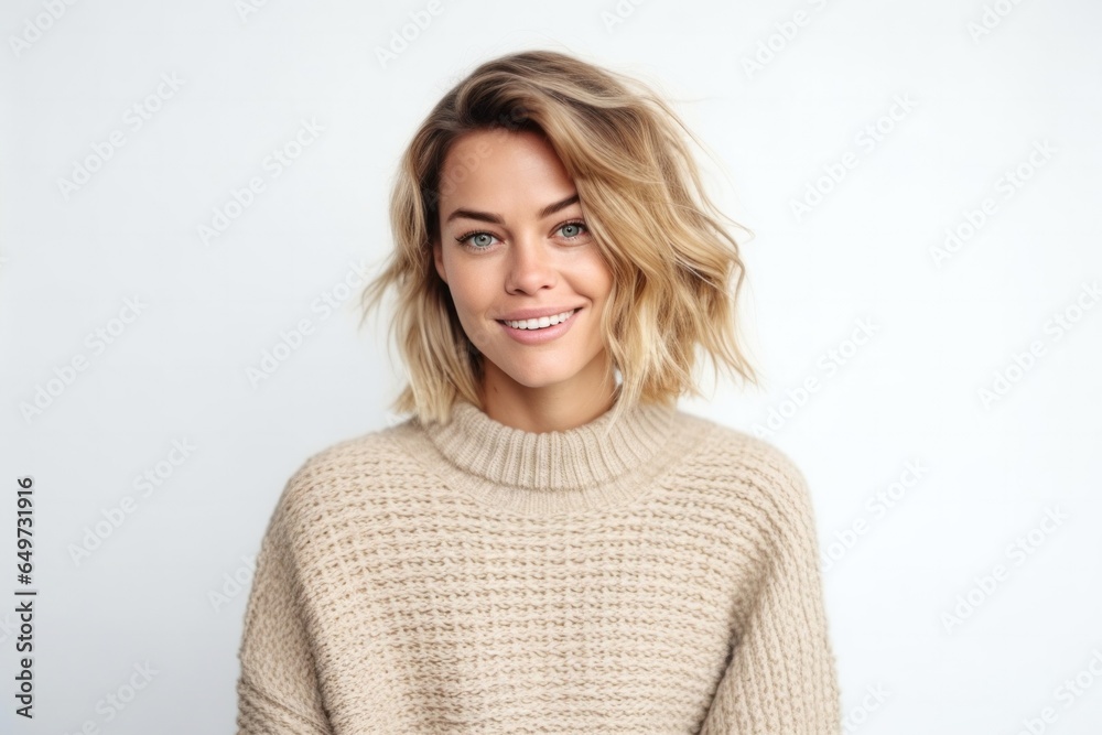 medium shot portrait of a Polish woman in her 30s wearing a cozy sweater against a white background medium shot portrait of a Polish woman in her 30s wearing a cozy sweater against a white background