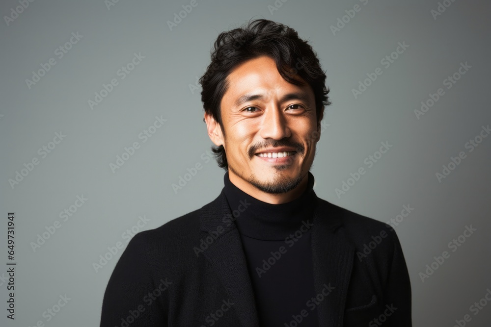 portrait of a Japanese man in his 30s wearing a chic cardigan against a minimalist or empty room background portrait of a Japanese man in his 30s wearing a chic cardigan against a minimalist or empty room background