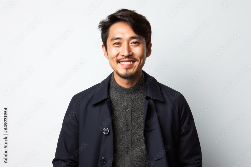 portrait of a Japanese man in his 30s wearing a chic cardigan against a white background portrait of a Japanese man in his 30s wearing a chic cardigan against a white background