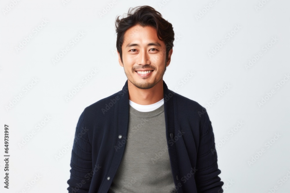 portrait of a Japanese man in his 30s wearing a chic cardigan against a white background portrait of a Japanese man in his 30s wearing a chic cardigan against a white background