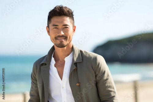 portrait of a Japanese man in his 30s wearing a chic cardigan against a beach background