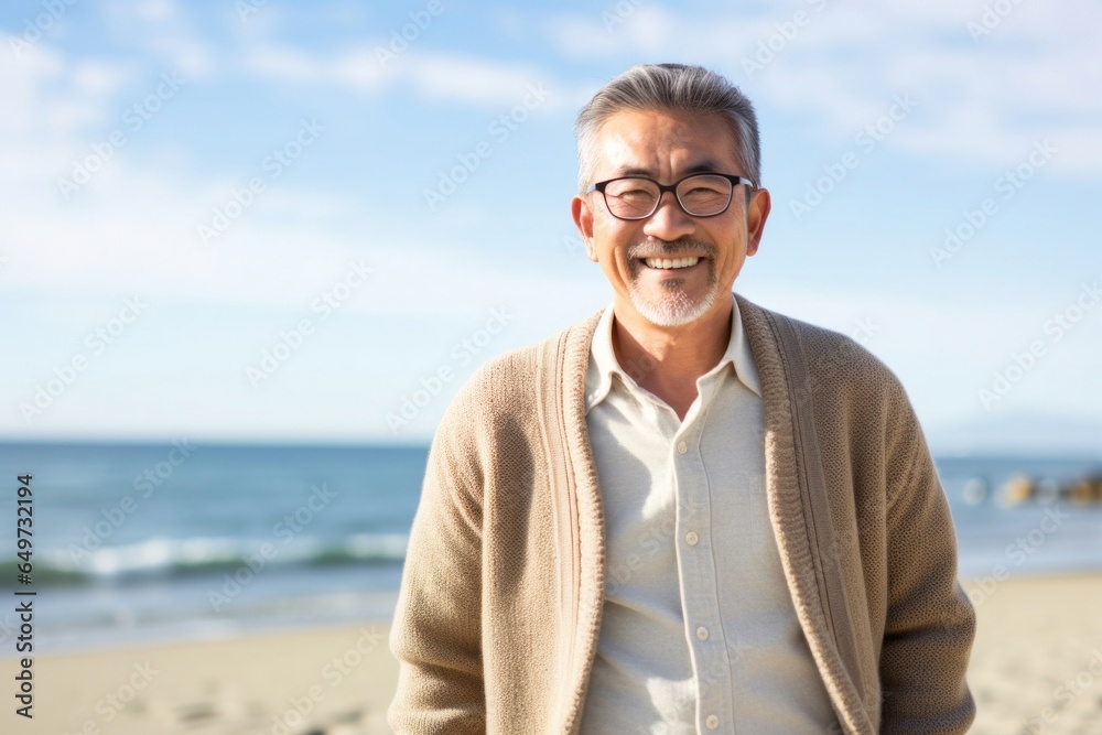 portrait of a Japanese man in his 50s wearing a chic cardigan against a beach background