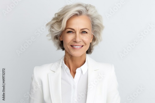medium shot portrait of a Polish woman in her 50s wearing a classic blazer against a white background photo