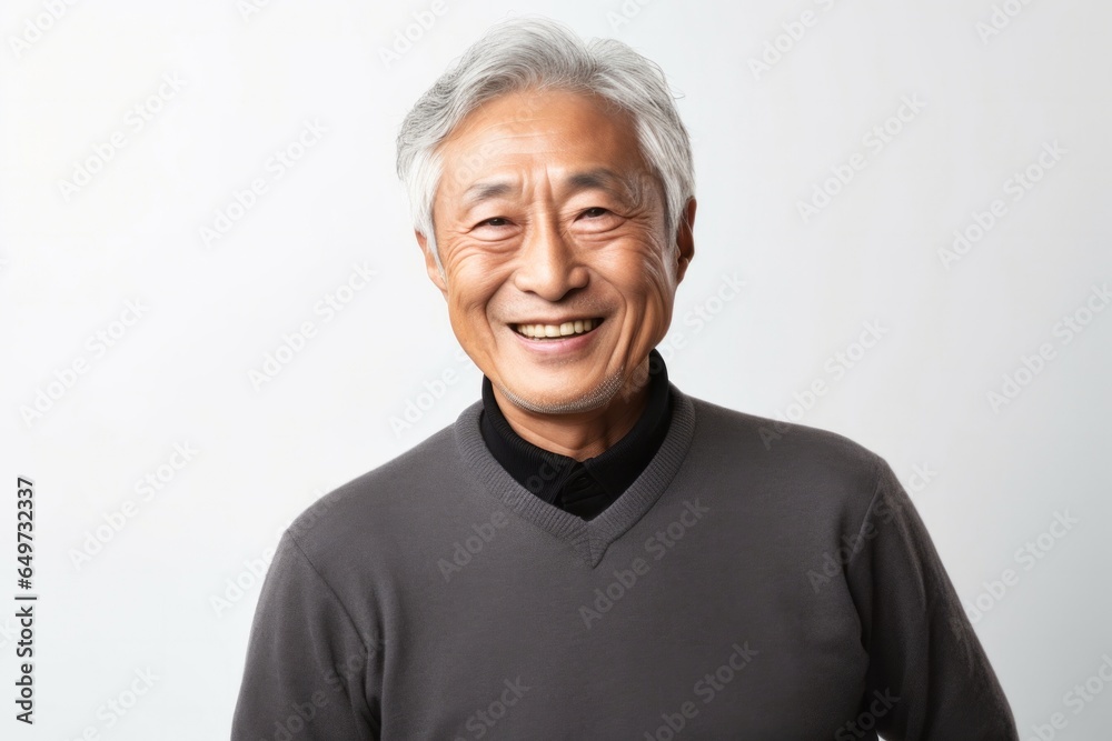 portrait of a Japanese man in his 70s wearing a chic cardigan against a white background portrait of a Japanese man in his 70s wearing a chic cardigan against a white background