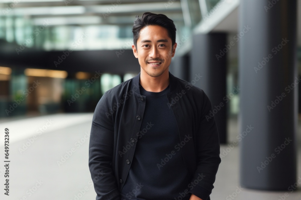 medium shot portrait of a confident Filipino man in his 30s wearing a chic cardigan against a modern architectural background medium shot portrait of a confident Filipino man in his 30s wearing a chic cardigan against a modern architectural background