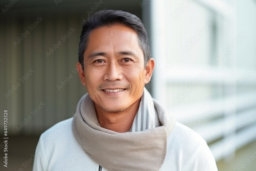 Obraz premium medium shot portrait of a confident Filipino man in his 40s wearing a charming scarf against a white background