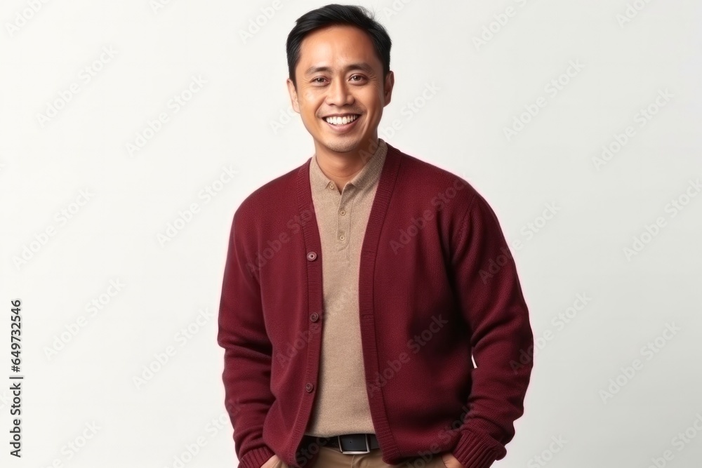 medium shot portrait of a confident Filipino man in his 40s wearing a chic cardigan against a white background medium shot portrait of a confident Filipino man in his 40s wearing a chic cardigan against a white background