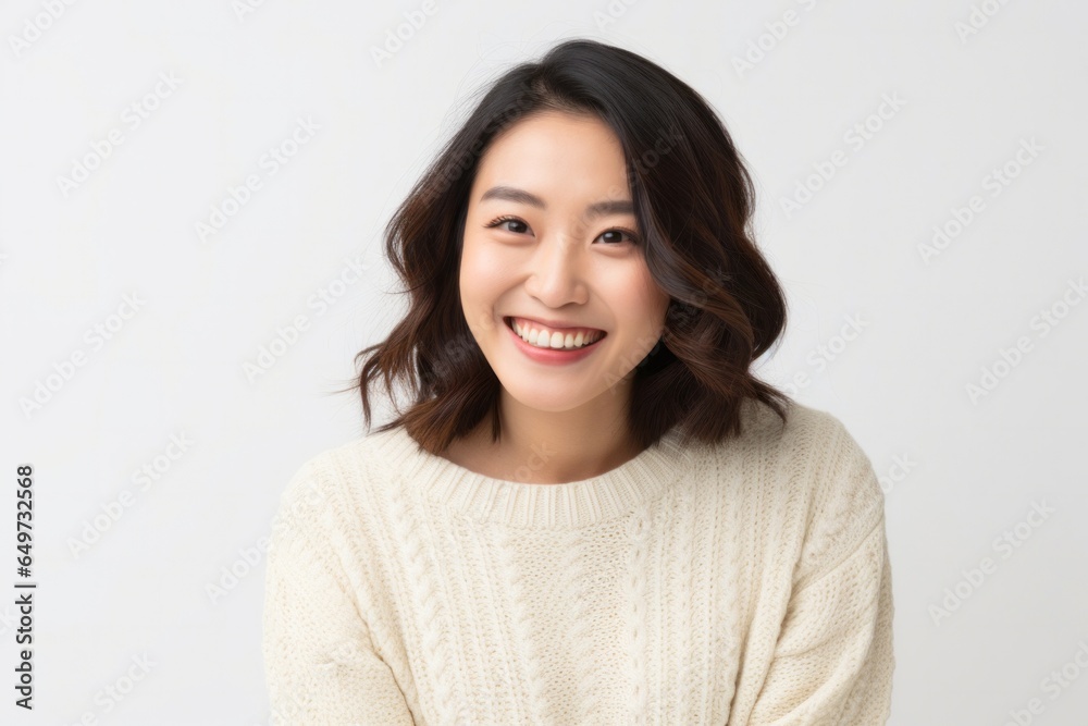 portrait of a Japanese woman in her 30s wearing a cozy sweater against a white background portrait of a Japanese woman in her 30s wearing a cozy sweater against a white background