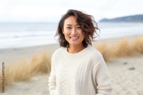 portrait of a Japanese woman in her 30s wearing a cozy sweater against a beach background