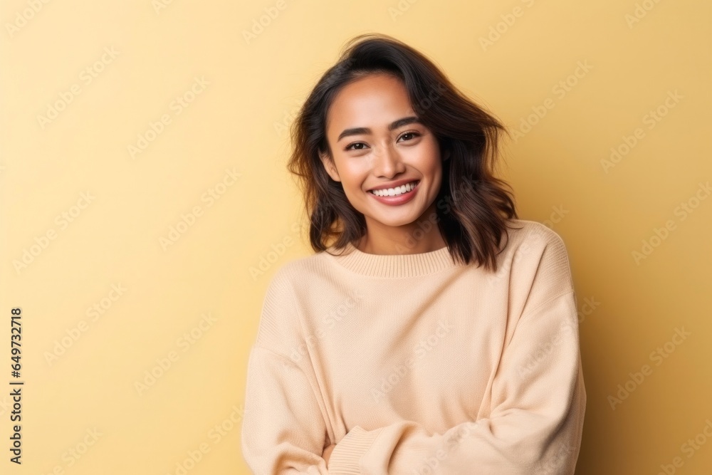 medium shot portrait of a confident Filipino woman in her 30s wearing a cozy sweater against an abstract background medium shot portrait of a confident Filipino woman in her 30s wearing a cozy sweater against an abstract background