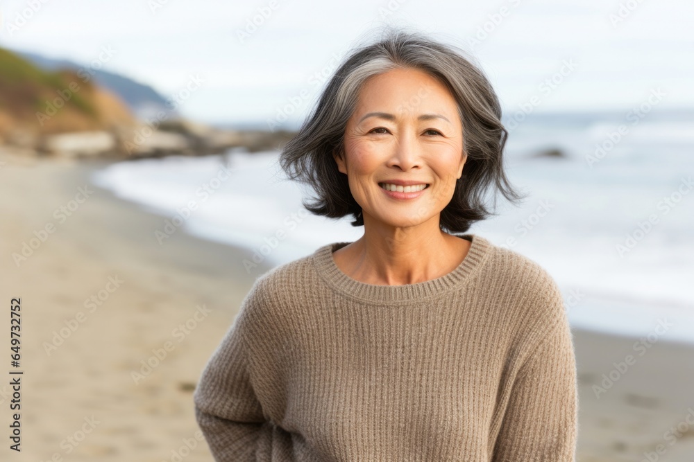 portrait of a Japanese woman in her 50s wearing a cozy sweater against a beach background portrait of a Japanese woman in her 50s wearing a cozy sweater against a beach background