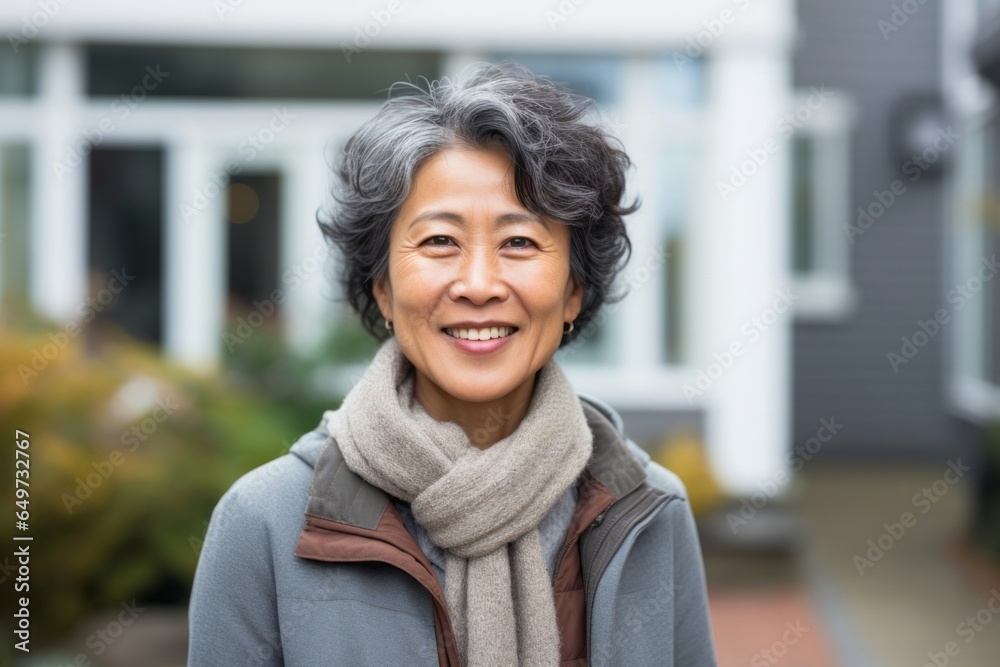 portrait of a Japanese woman in her 50s wearing a cozy sweater against a modern architectural background