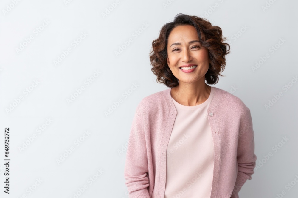medium shot portrait of a confident Filipino woman in her 40s wearing a chic cardigan against a white background medium shot portrait of a confident Filipino woman in her 40s wearing a chic cardigan against a white background