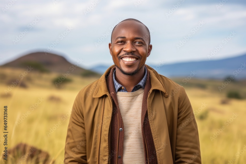 portrait of a Kenyan man in his 30s wearing a chic cardigan against an abstract background