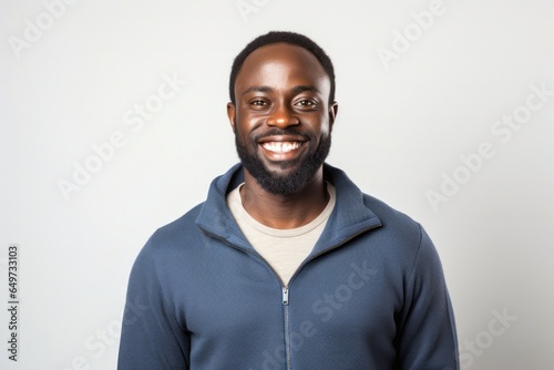 portrait of a Kenyan man in his 30s wearing a chic cardigan against a white background