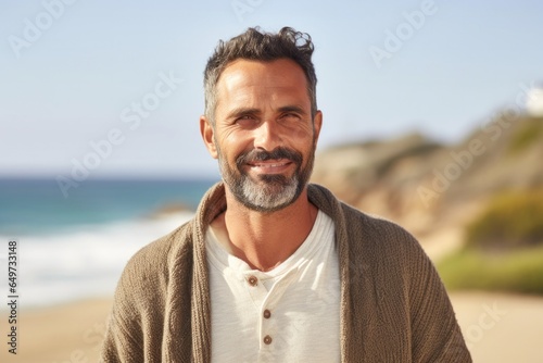 medium shot portrait of a confident Israeli man in his 40s wearing a chic cardigan against a beach background