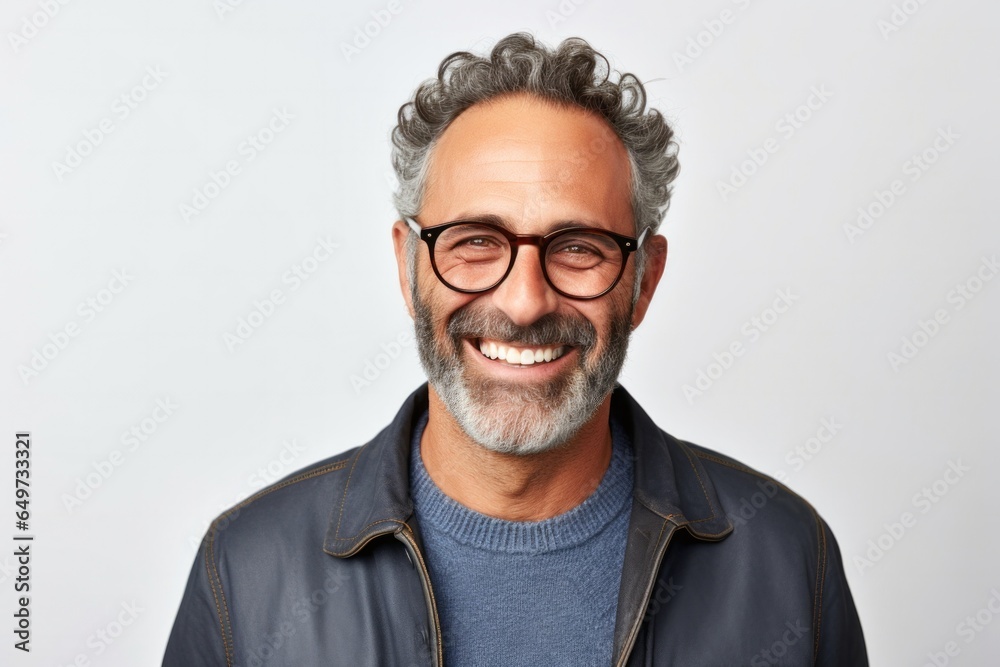 medium shot portrait of a confident Israeli man in his 50s wearing a chic cardigan against a white background - obrazy, fototapety, plakaty 