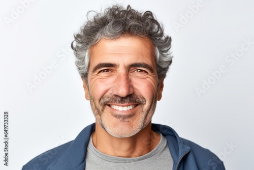 medium shot portrait of a confident Israeli man in his 50s wearing a chic cardigan against a white background